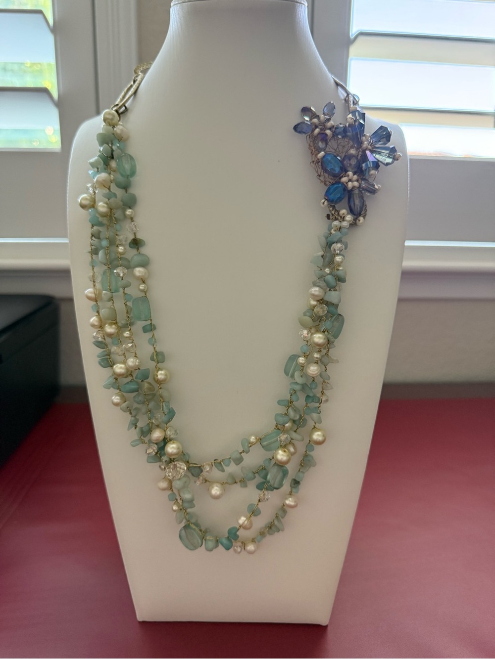Statement Multi-Strand Pearl & Aqua Bead Necklace with Blue Crystal FlowerAccent